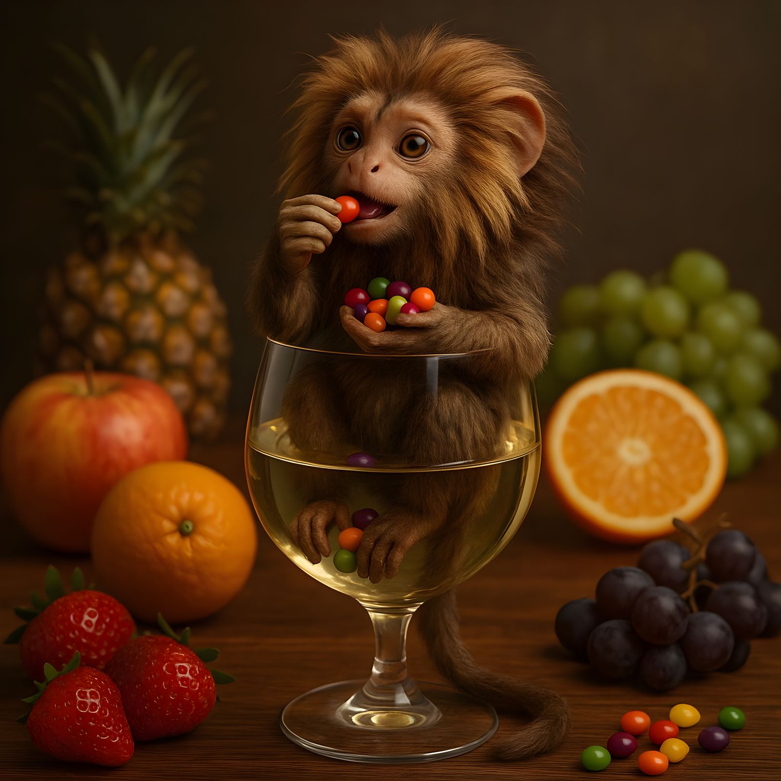 CGI Lion Marmoset Eats Skittles in Wine Glass