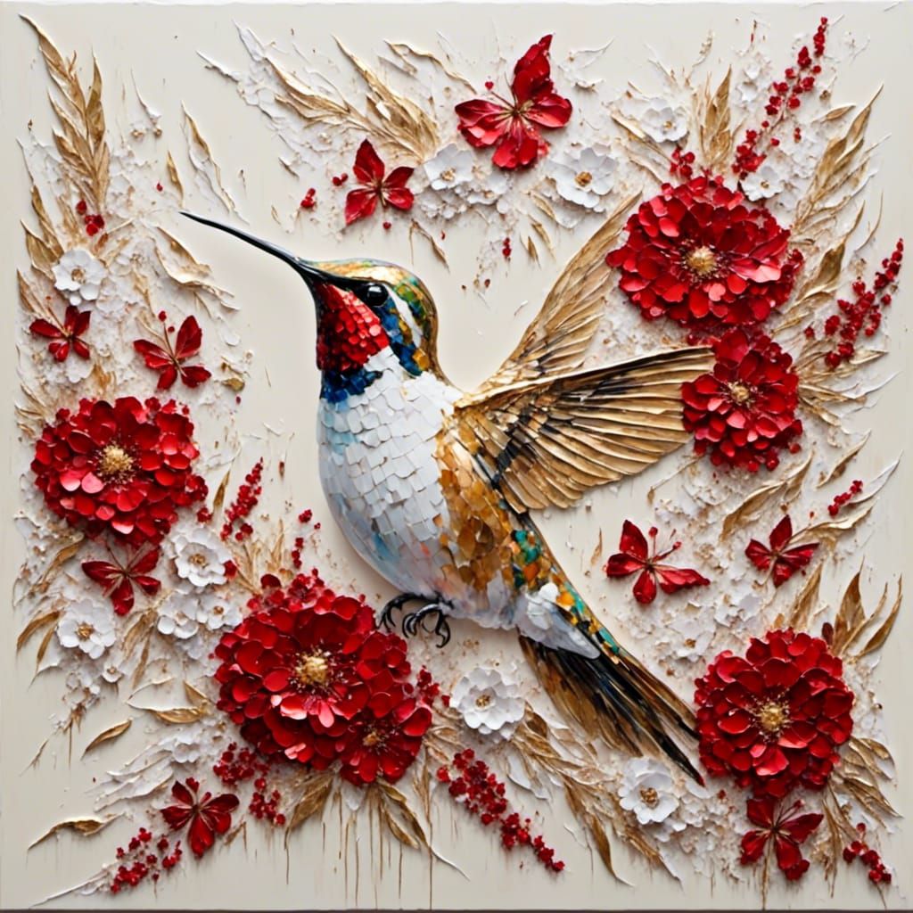 Impasto Hummingbird with Red Flowers and Gold Details