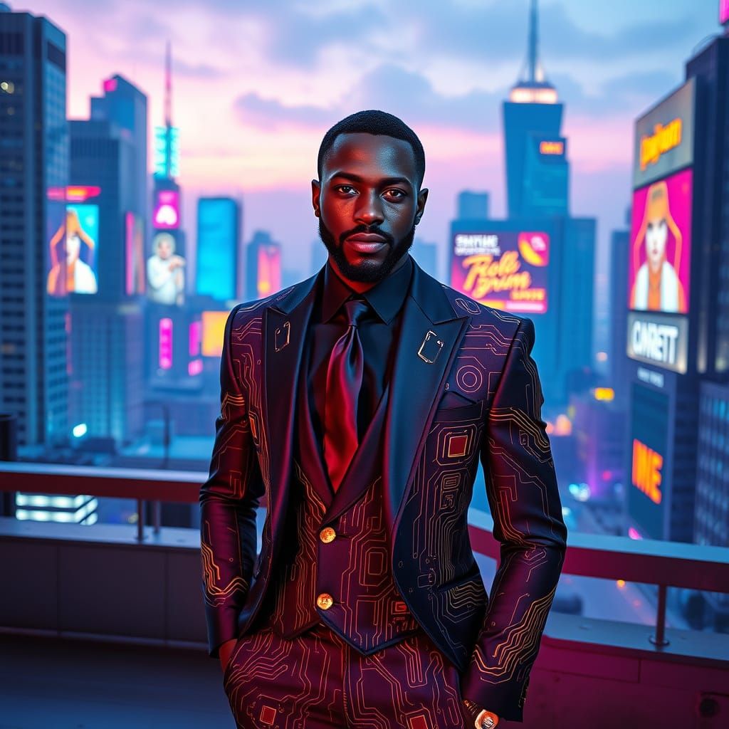 Cyberpunk Caribbean Man on Futuristic Rooftop