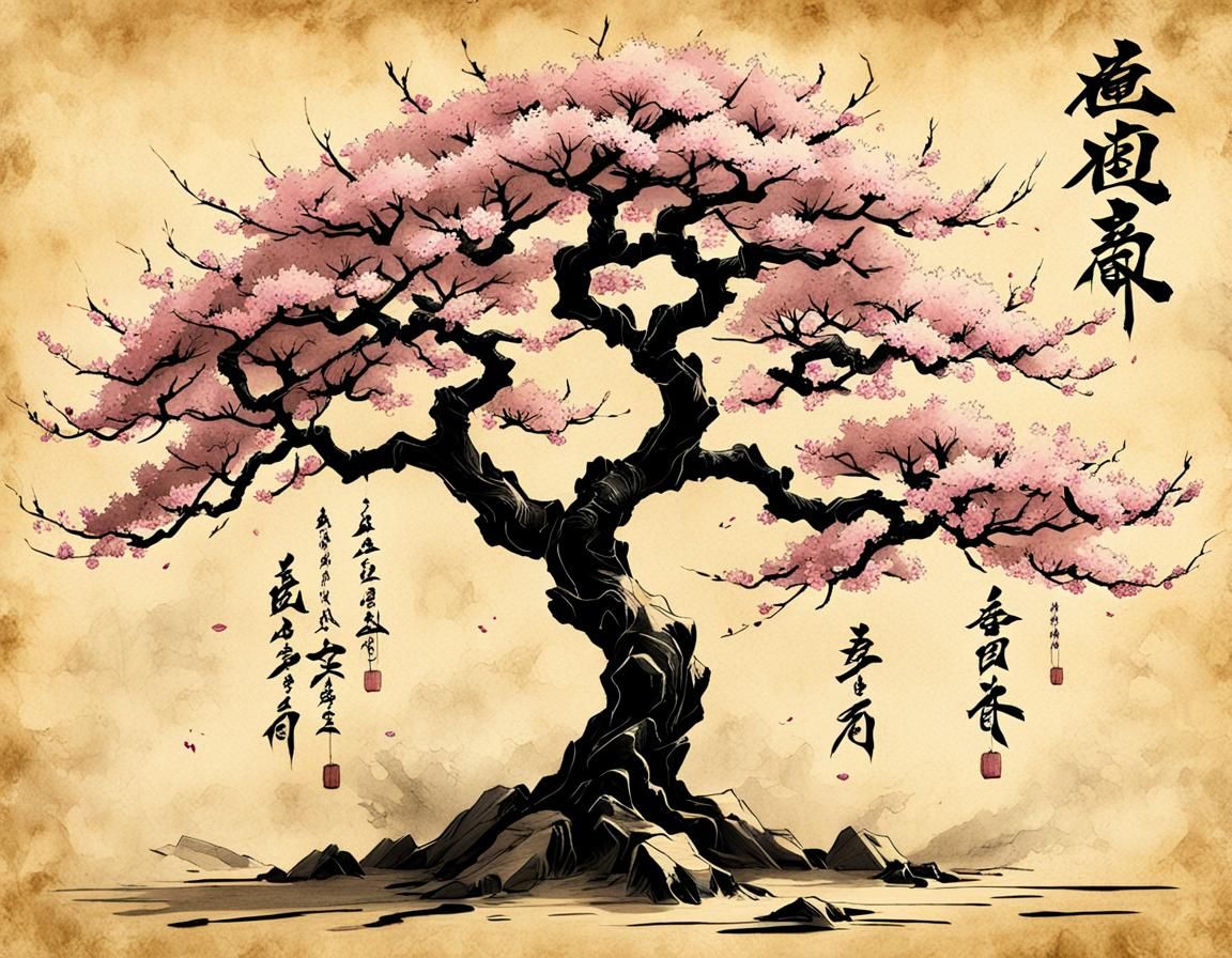 Japanese Cherry Tree Calligraphy Drawing in Anime Style