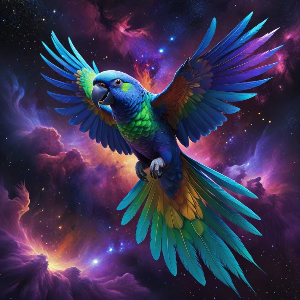 Majestic Celestial Parrot Soaring Through Nebula