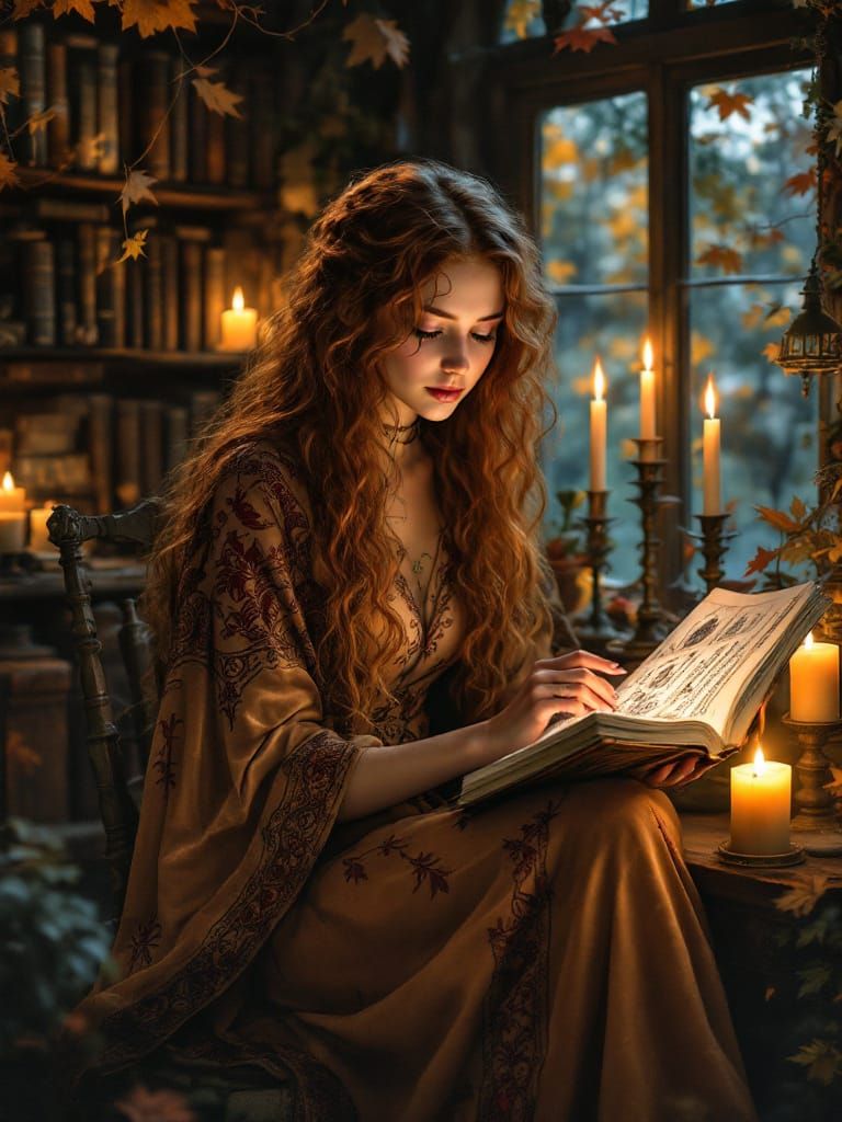 Mystical Witch Studying Spellbook in Cozy Cottage