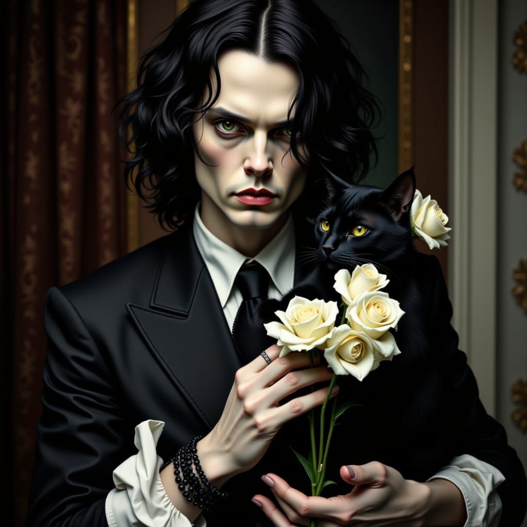 Ville Valo in Moody Black Suit with White Rose and Black Cat