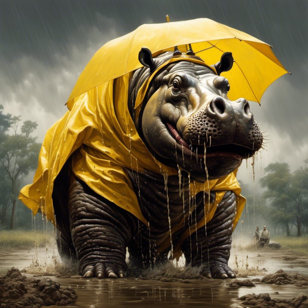 Giant Hippo in Raincoat Plays in Mud