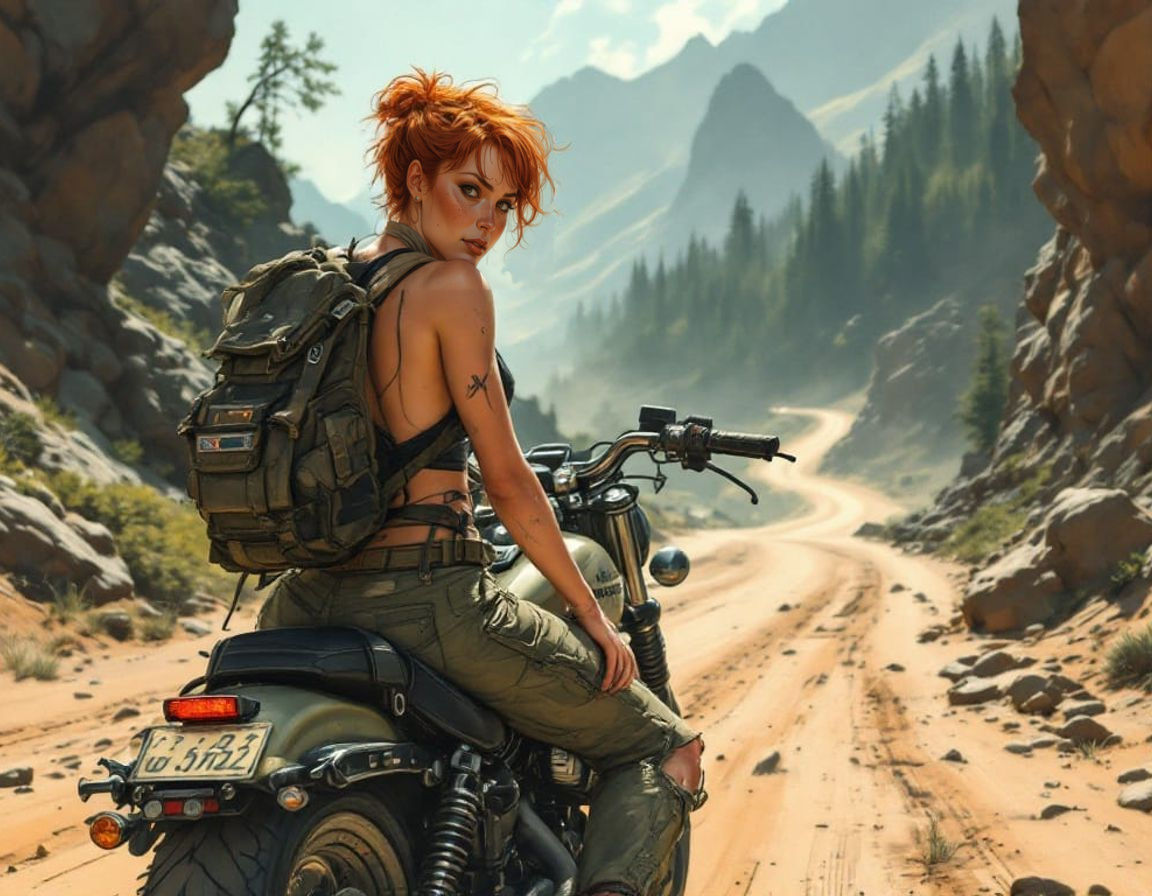 Sci-Fi Pin-Up Girl on a Harley in a Dusty Mountain Landscape