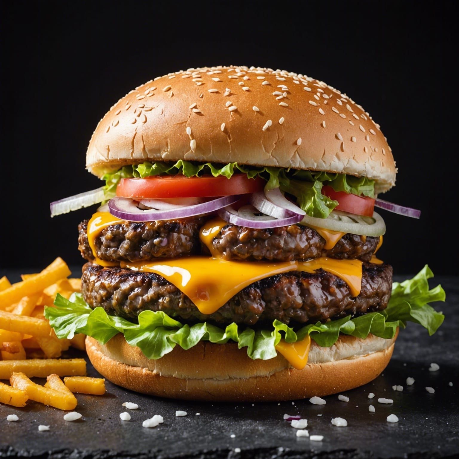 food photography of a cheeseburger on a dark background. The...