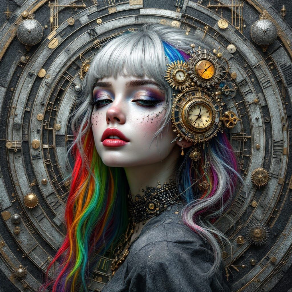 Photorealistic Baroque AineOmniOS Clockwork emo girl Rainbow Silver Hair in a labyrinth  --ar 2:3