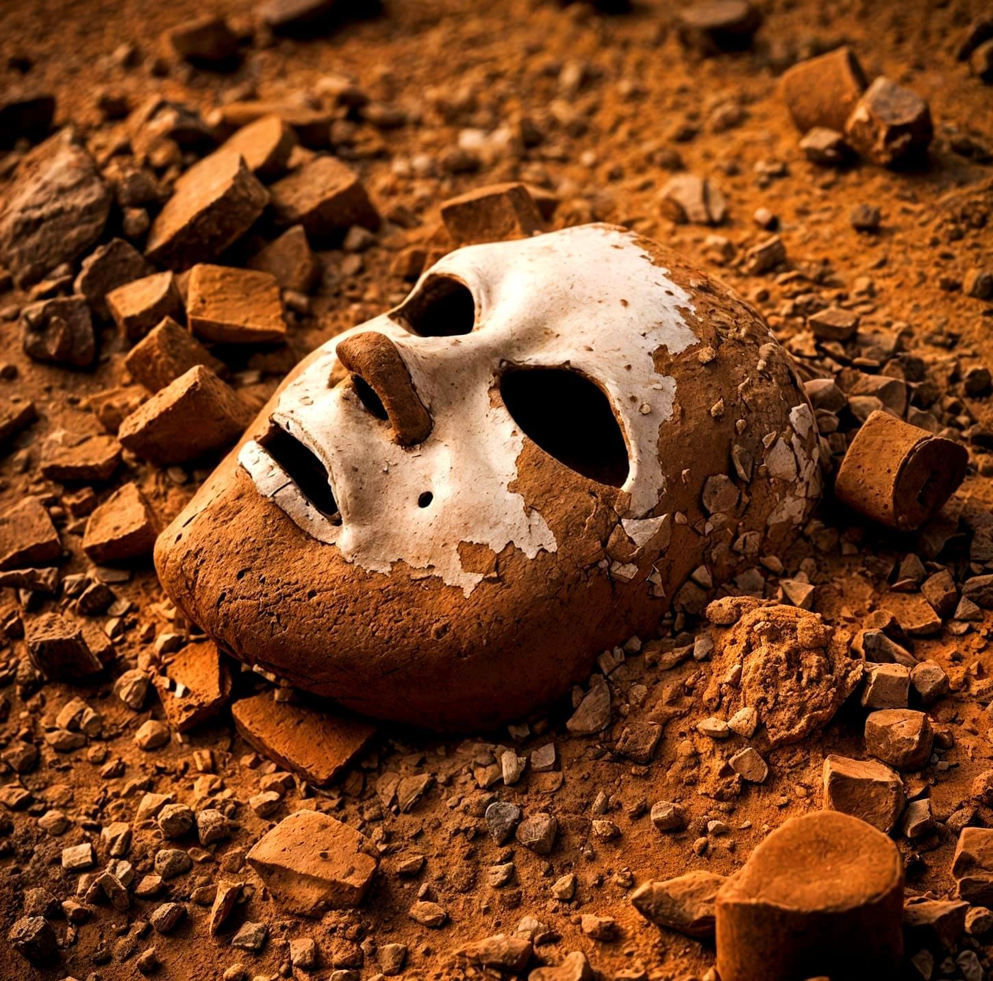 Fragile Ancient Clay Mask Abandoned on Ground