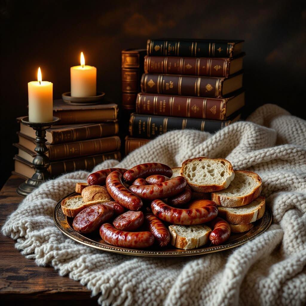 Cozy Candlelight Scene with Books, Blanket, and Food Platter
