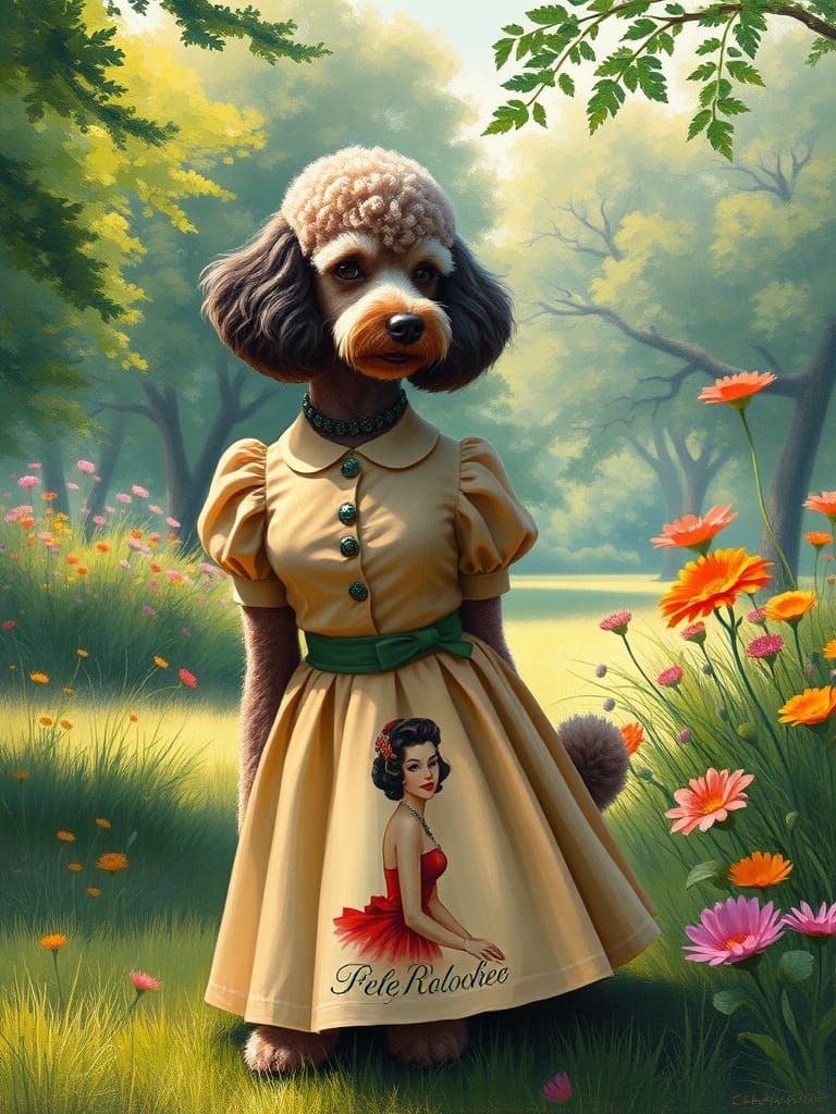Vintage-Inspired Poodle in a Lush Impressionist Landscape