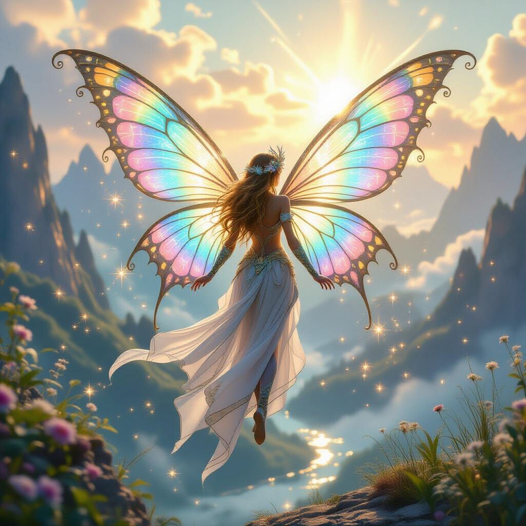 Majestic Fairy Hovers Over Mystical Landscape