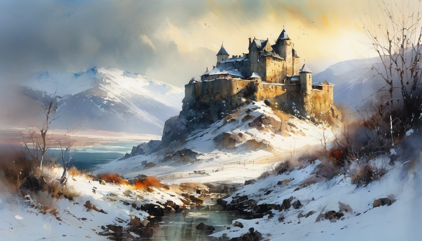 Winter Castle Watercolor Painting at Sunrise