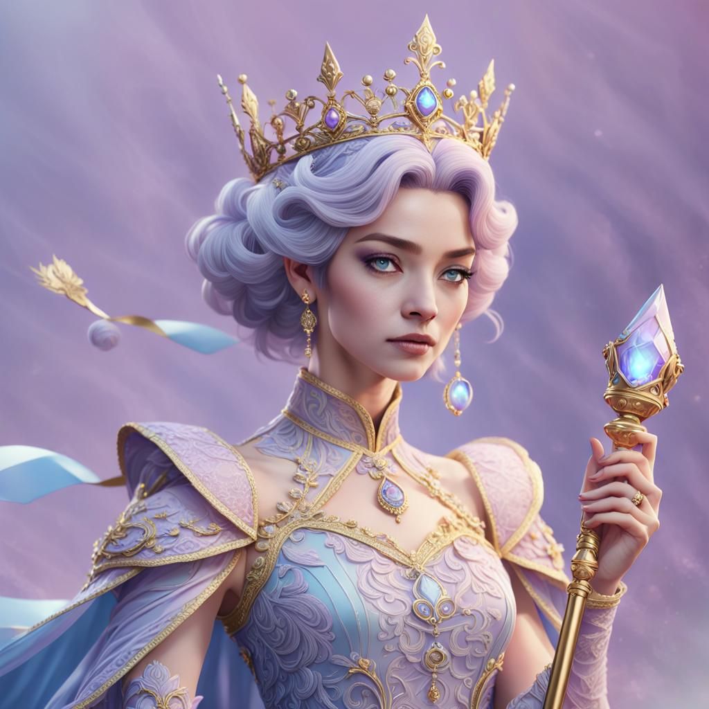 Fantasy Queen with Scepter in Anime-Inspired 3D Style