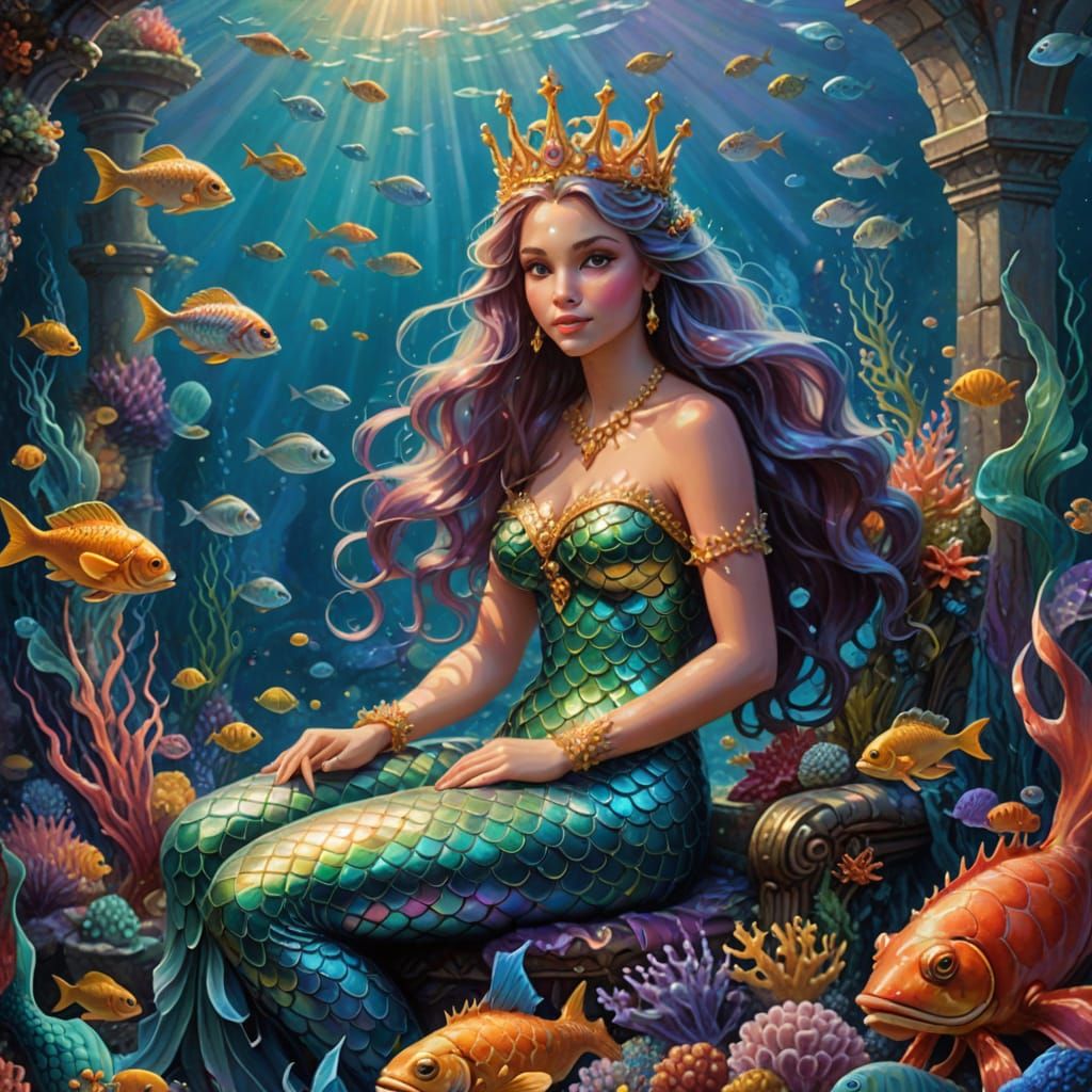 Mermaid Queen on Ocean Throne: Ethereal Oil Painting