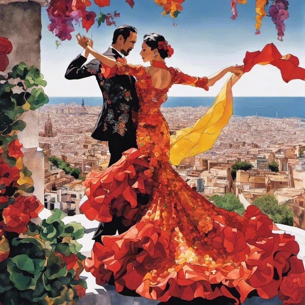 Flamenco Dancers Over Gaudi's Barcelona, Art Nouveau Style