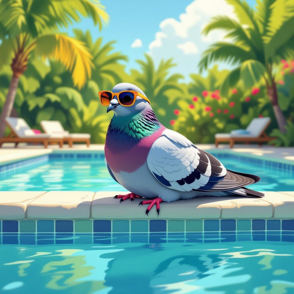 Pigeon Lounging by Pool in Playful Realism
