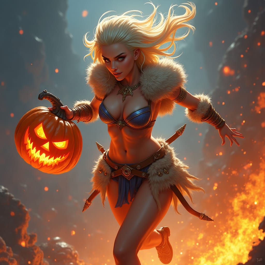 Freya Leaps into Battle with Flaming Pumpkin