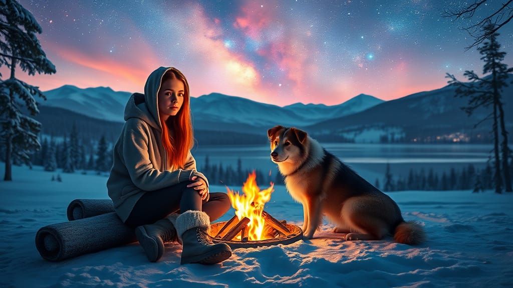 Winter Wonderland Scene with Irish Girl and Dog by Campfire