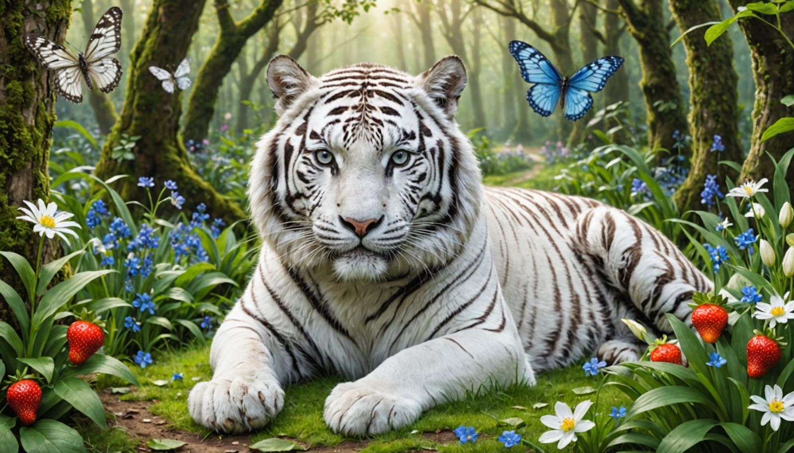 White Tiger With Fairies In Enchanted Woodland