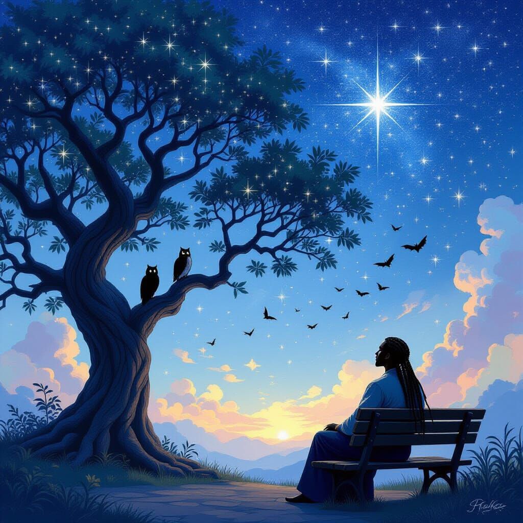 Man Gazes at Starry Night Sky with Owl and Bats