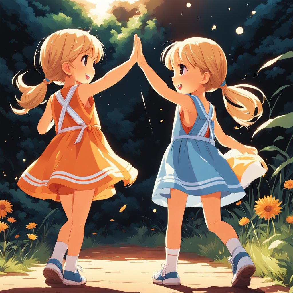Two Girls High-Fiving in Anime Style