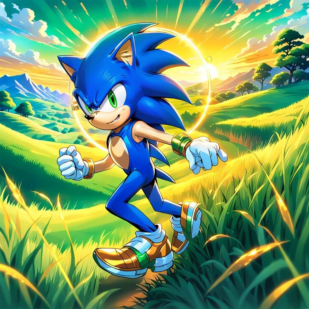 Sonic Runs Through Green Hill Zone in Anime Style