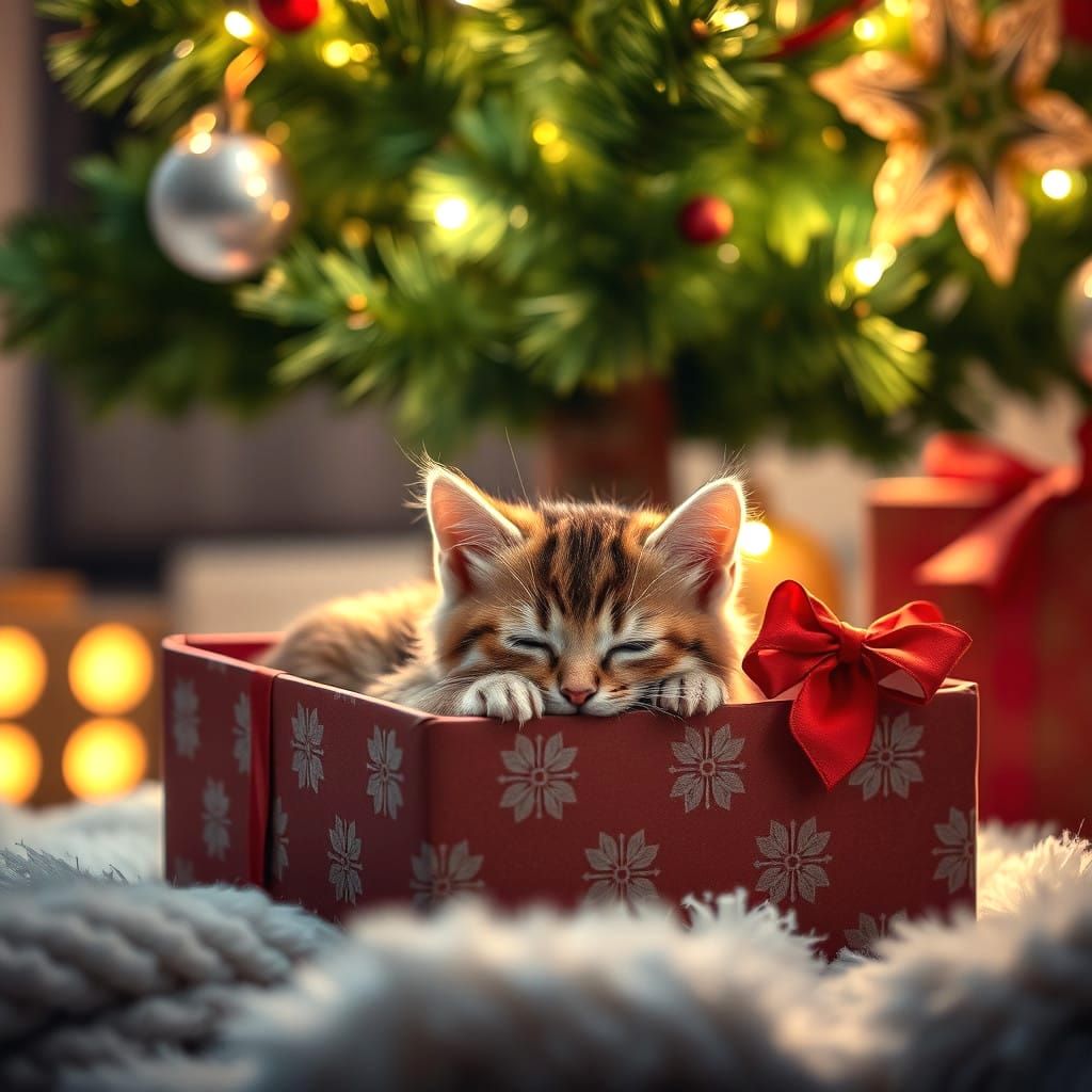 Cute Kitten Snuggles Under Glowing Christmas Lights