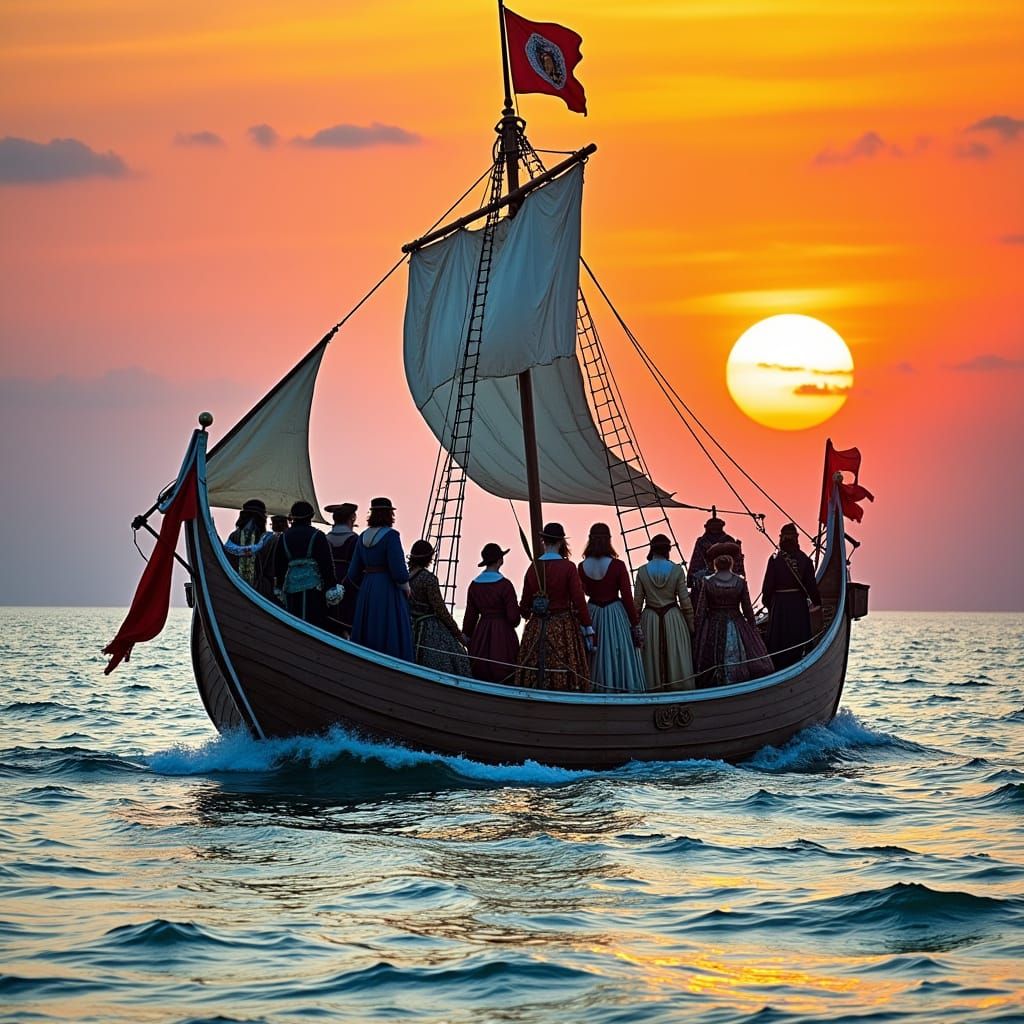 Medieval Ship at Sunset with Travelers