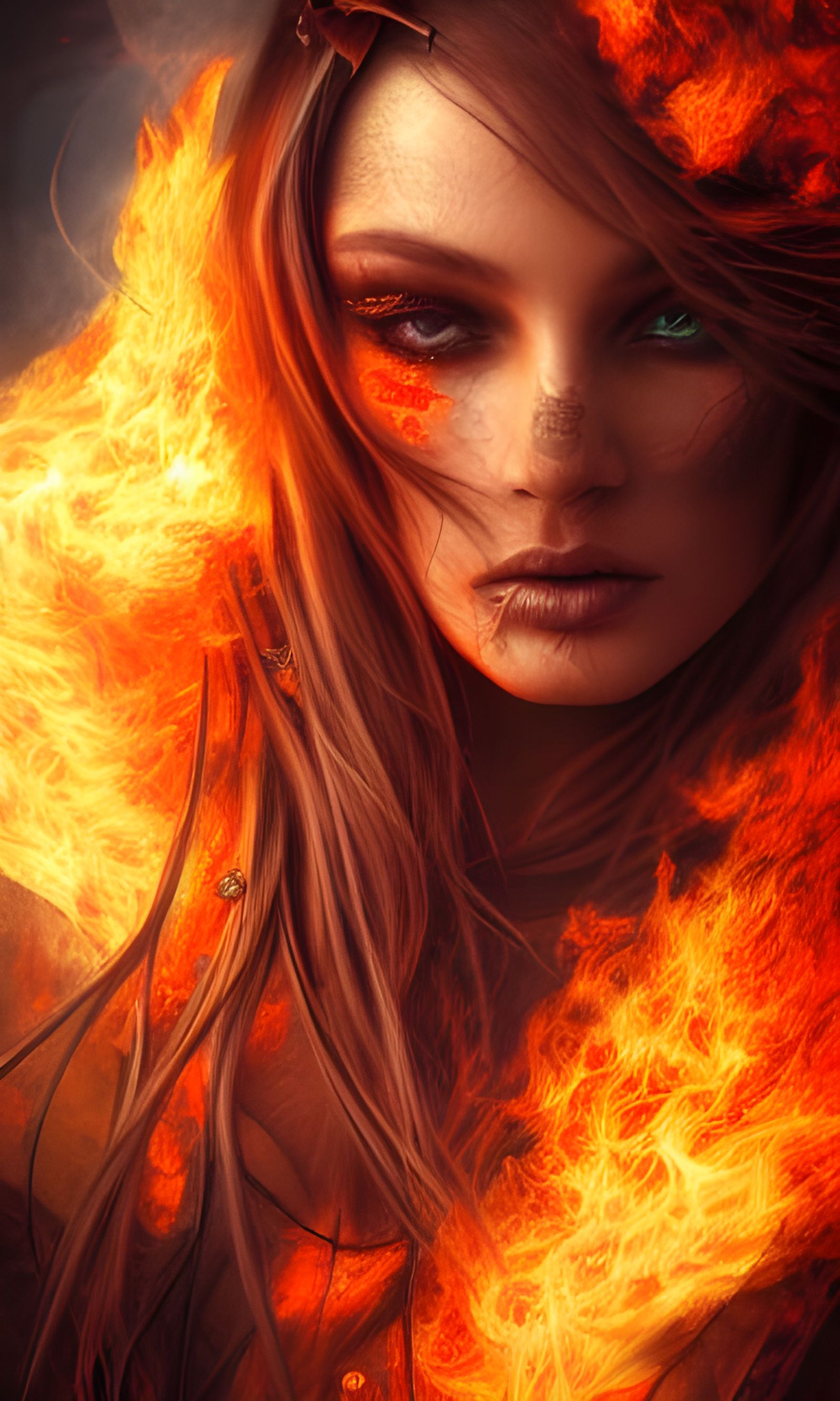Fire Priestess in Flaming Landscape: Digital Illustration