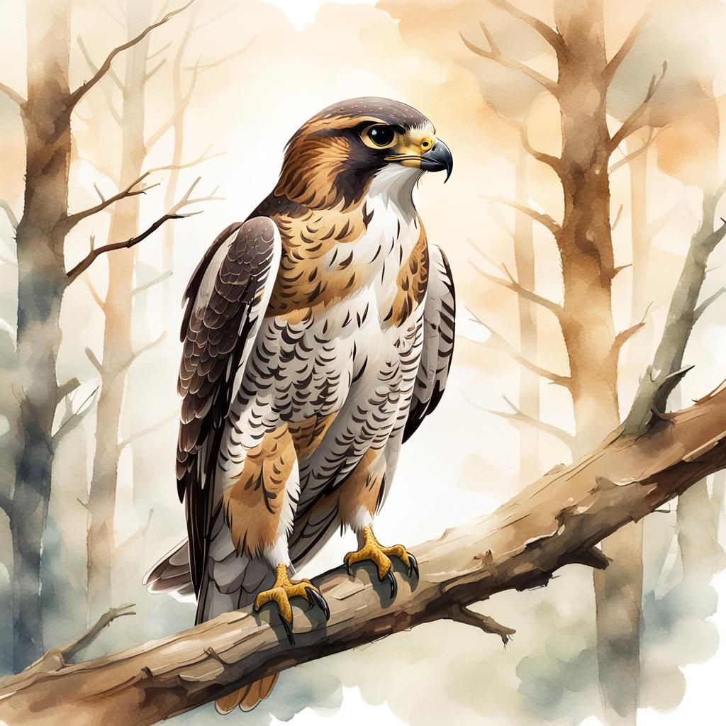 Falcon in Misty Forest: Watercolor Wildlife Art