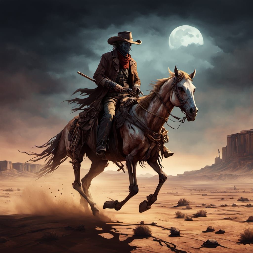 Undead Cowboy Rides Skeletal Horse on Barren Plain