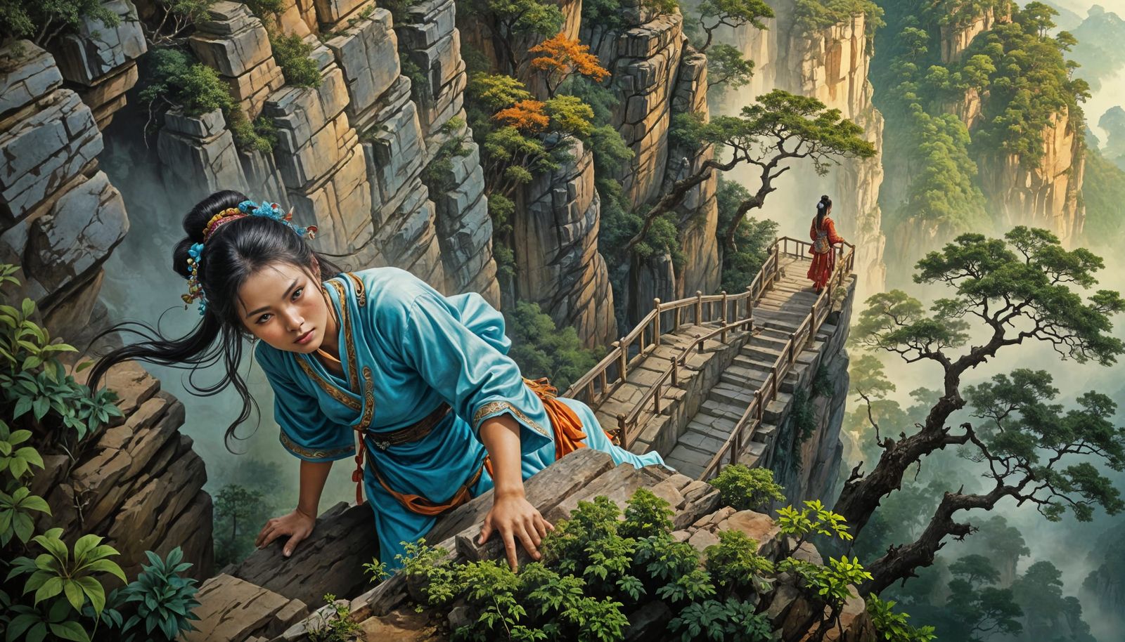 Ancient Woman Climbing Cliffside Stairs: Hyperrealistic Art
