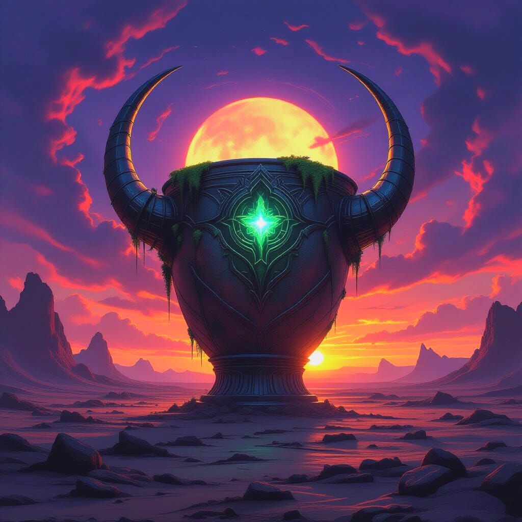 Ancient Horned Cup on Alien World Under Binary Sunset