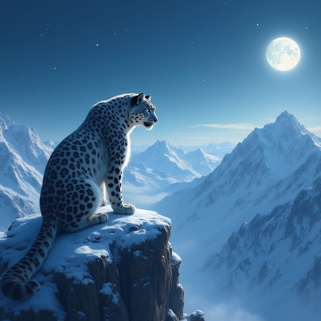 Majestic Snow Leopard on Icy Peak Under Starry Night