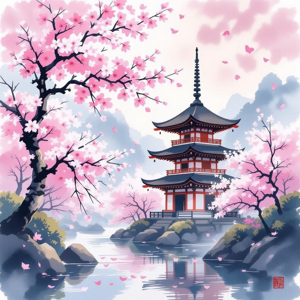 Pagoda Among Cherry Blossoms in Sumi-e Ink Wash Style