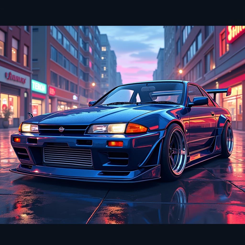 Sleek Nissan Silvia S15 in Cyberpunk Cityscape