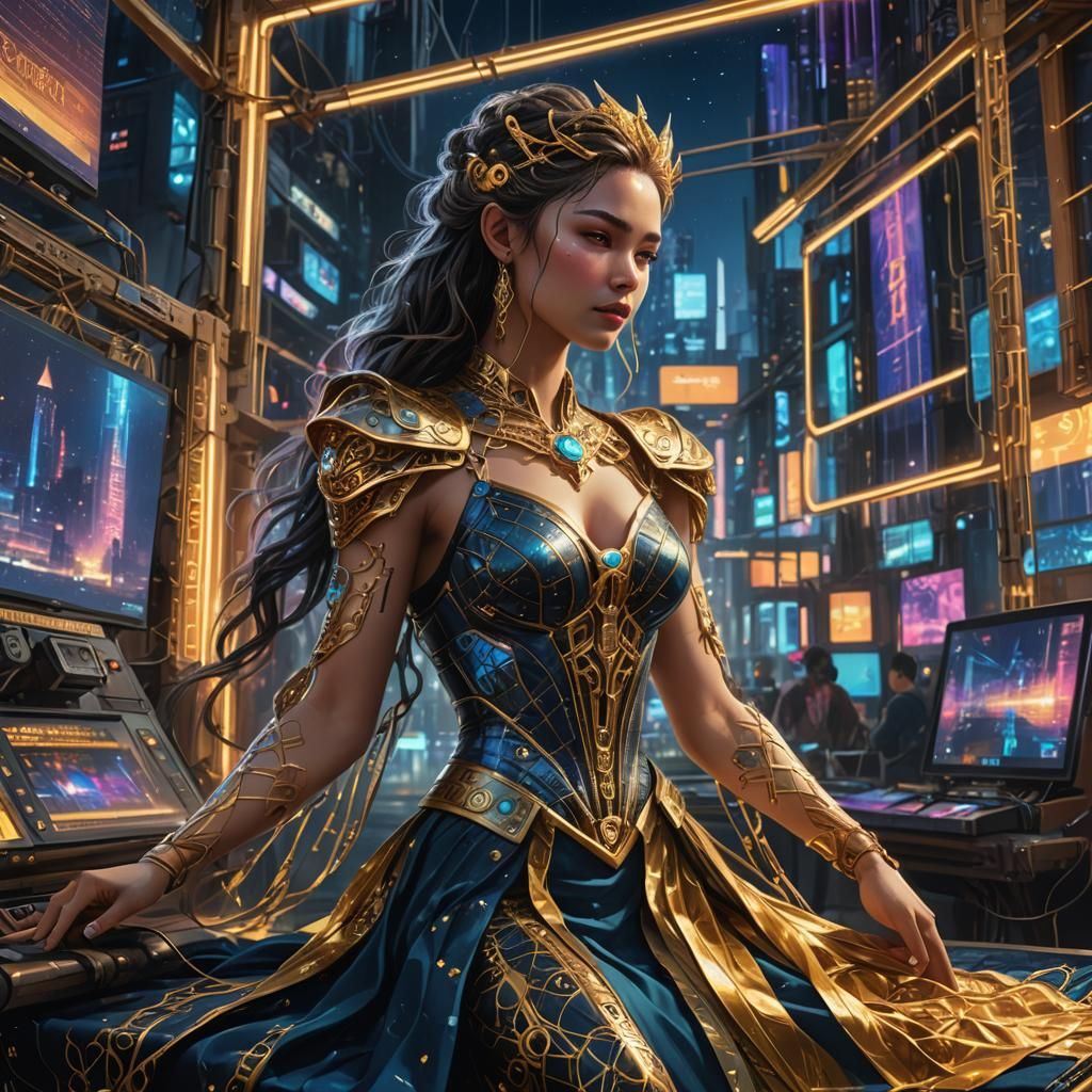 Cyberpunk Goddess Weaving Fate in Neon Cityscape