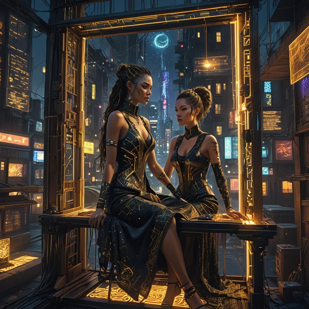 Goddess Weaving in Cyberpunk Cityscape