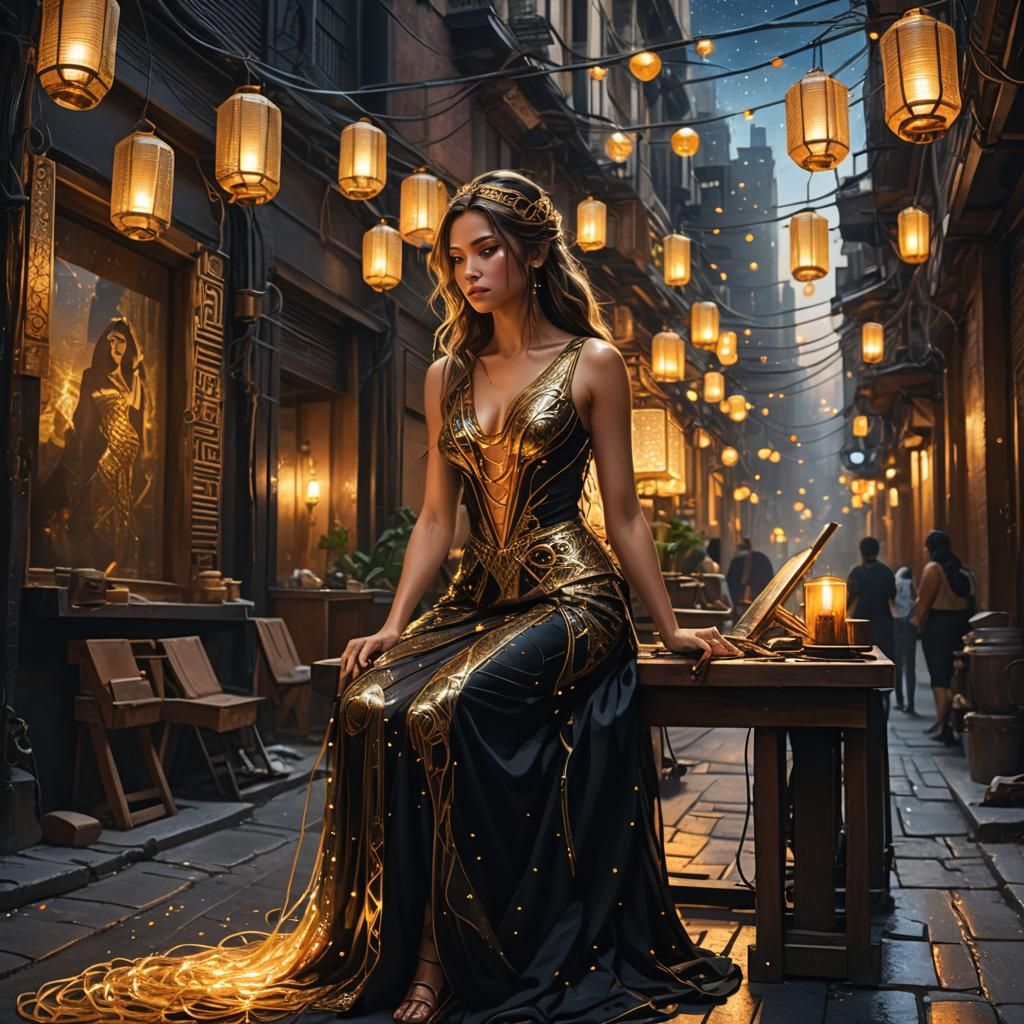 Goddess Weaving Fate in Cyberpunk Cityscape