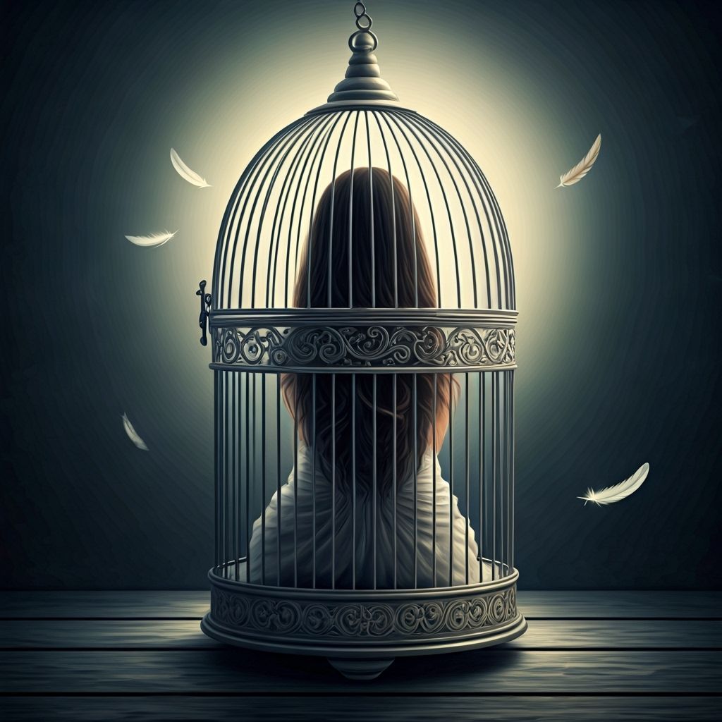 Woman in Ornate Birdcage, Symbolizing Anonymity