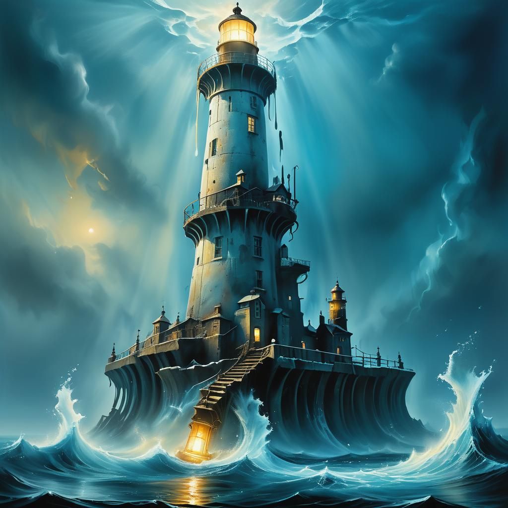 Surreal Lighthouse Submerged in Dreamlike Oil Painting