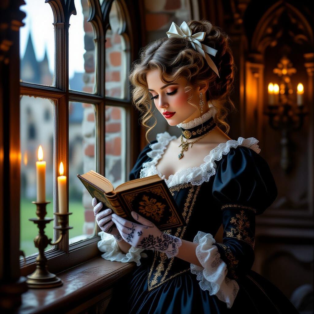 Victorian Lady in Gothic Castle, Romanticism Style