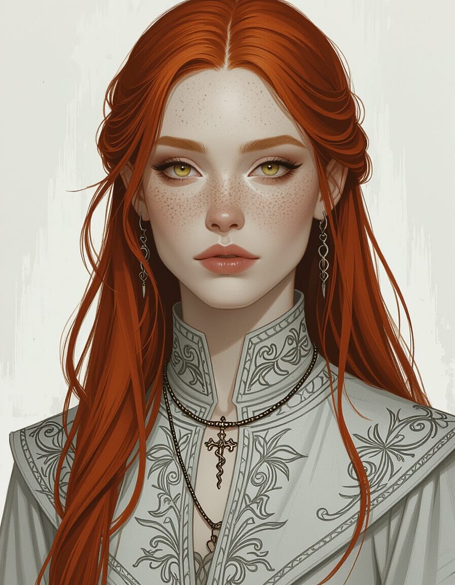 Gothic Elegance Portrait with Golden Eyes and Red Hair