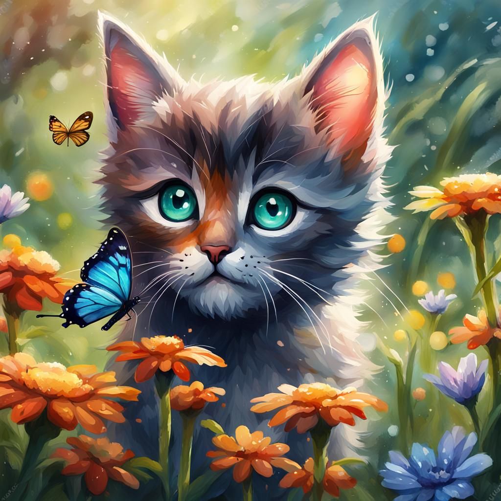 Watercolor Kitten Gazing at Butterfly in Garden