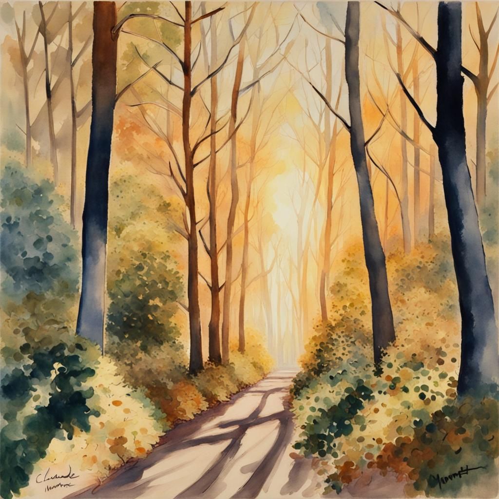 Sunlit Forest Path in Watercolor Style