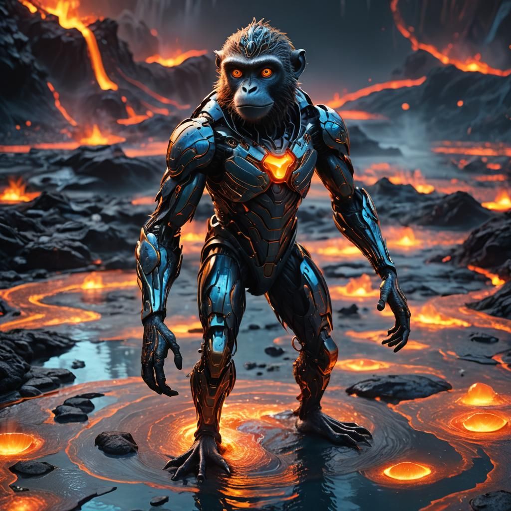 Robotic Monkey-Duck Hybrid in Glowing Lava