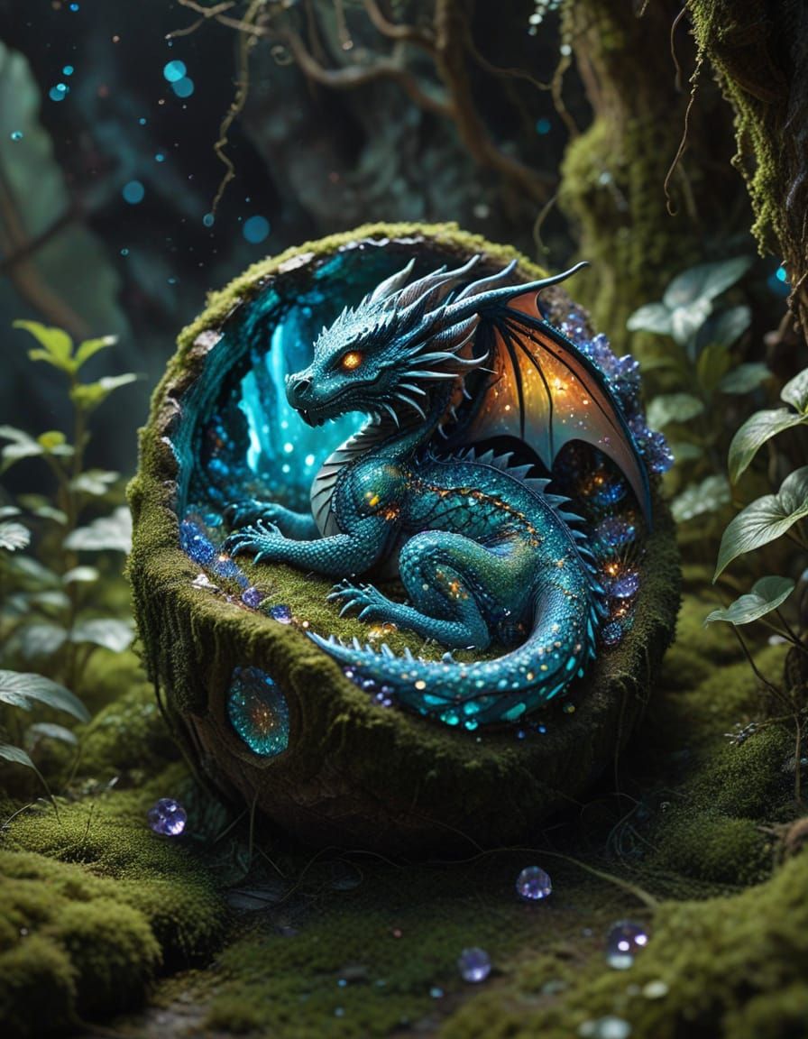 Sleeping Iridescent Dragon in Crystalline Geode