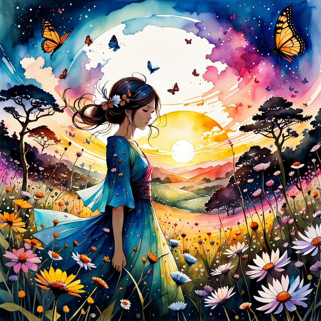 Cosmic Garden Watercolor Illustration in Cartoon Style