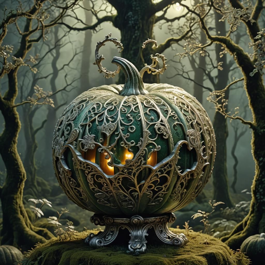 Lace Pumpkin in Moonlit Forest: Art Nouveau Fantasy