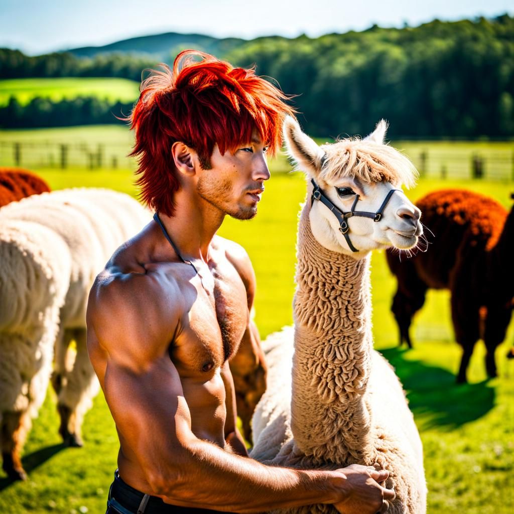 Cute shirtless red haired Asian male on Alpaca farm